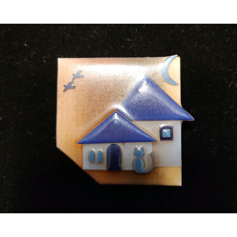 Vintage LUCINDA HOUSE PIN Brooch House, cat, birds,‎ moon